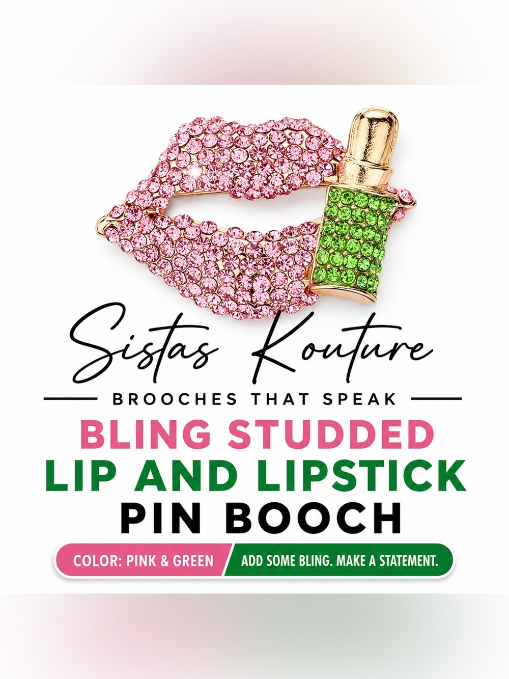 Pink & Green Bling Studded Lipstick Pin Brooch